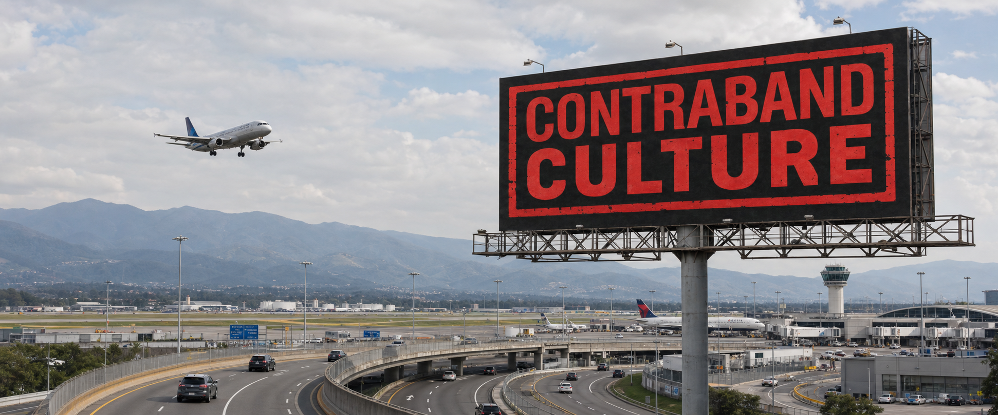 Contraband Culture billboard beside an airport runway