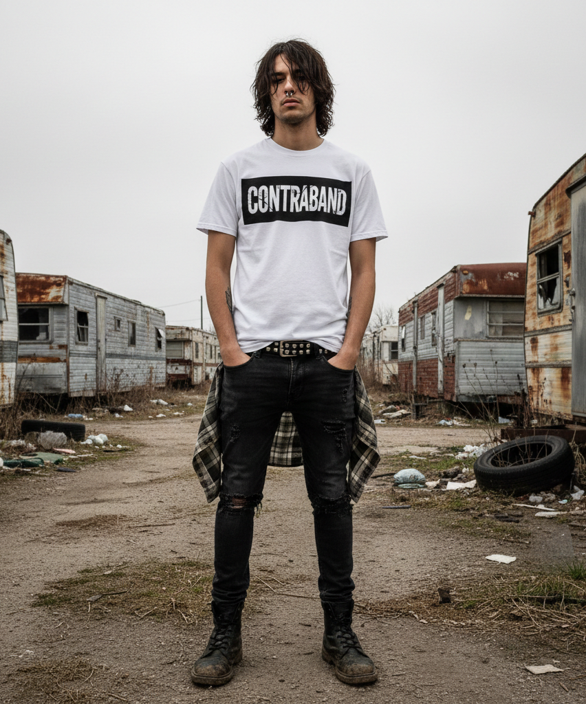 Contraband Culture MK1 tee campaign in a derelict location